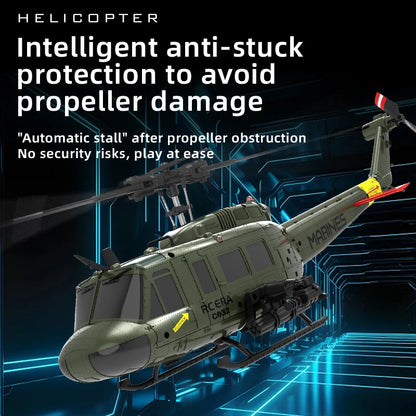 Helicopter with text about intelligent anti-stuck protection on a dark background