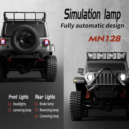 Two offroad truck models with simulation lamps labeled MN128 on a gray background.