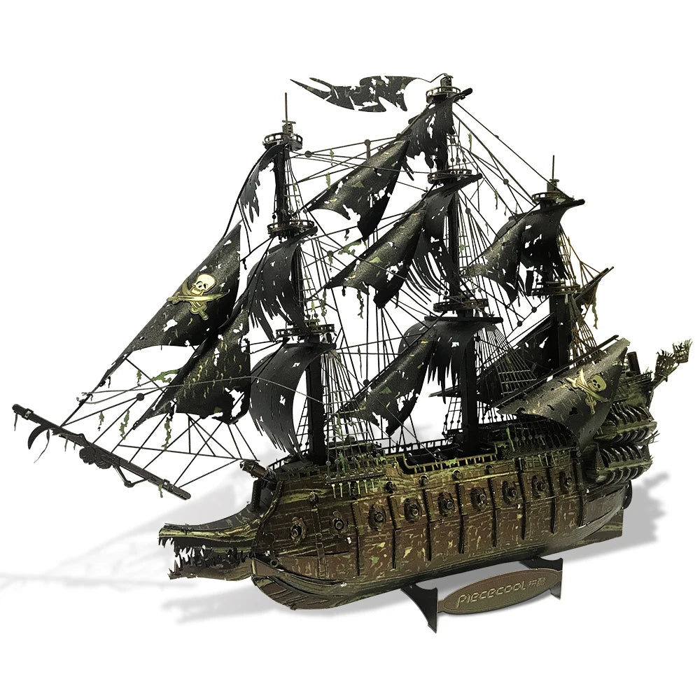 Model of a pirate ship with detailed sails on a white background