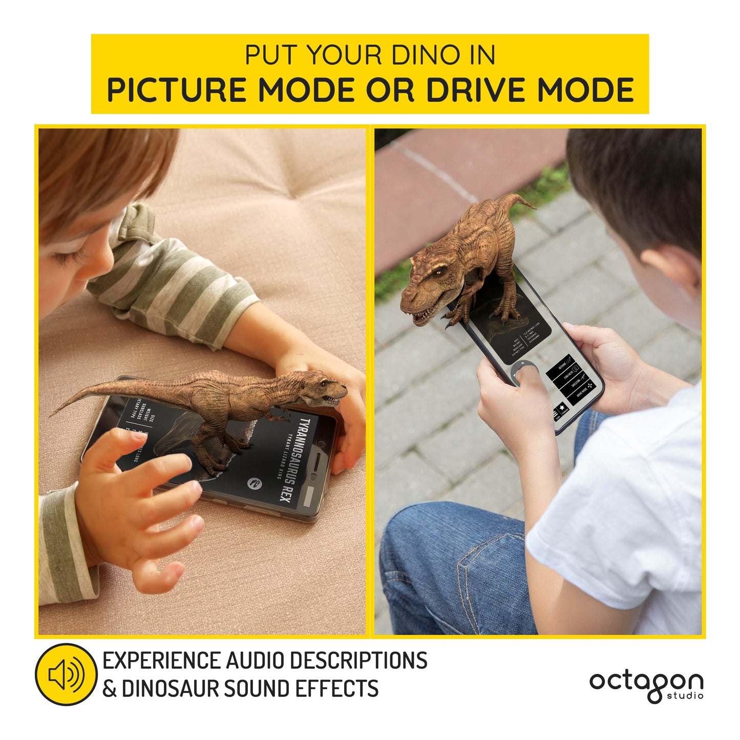 Children interacting with a toy dinosaur and phone, with text about picture and drive modes and audio descriptions.