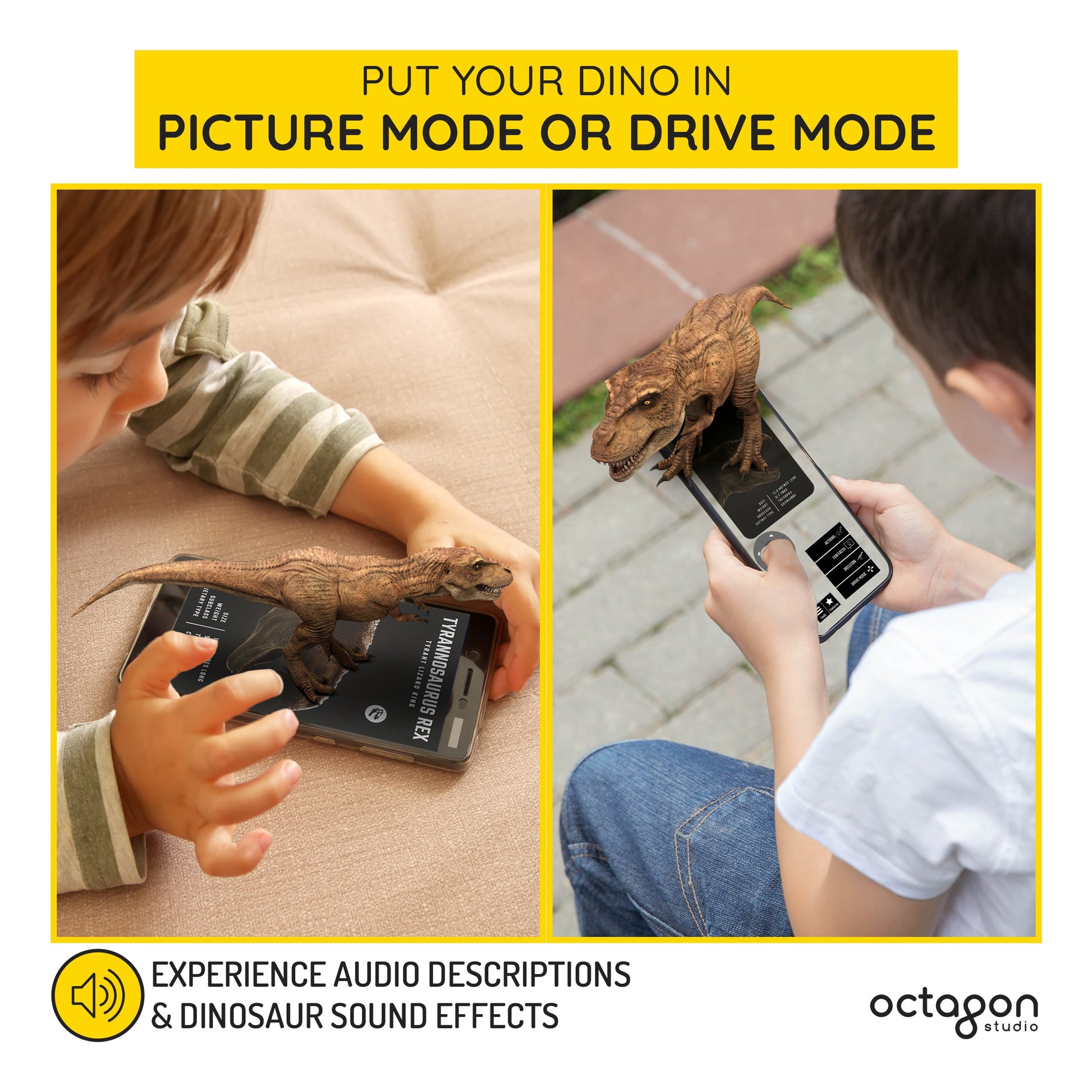 Children interacting with a toy dinosaur and phone, with text about picture and drive modes and audio descriptions.