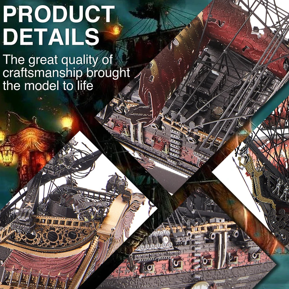 Collage of a detailed model ship with text highlighting craftsmanship.
