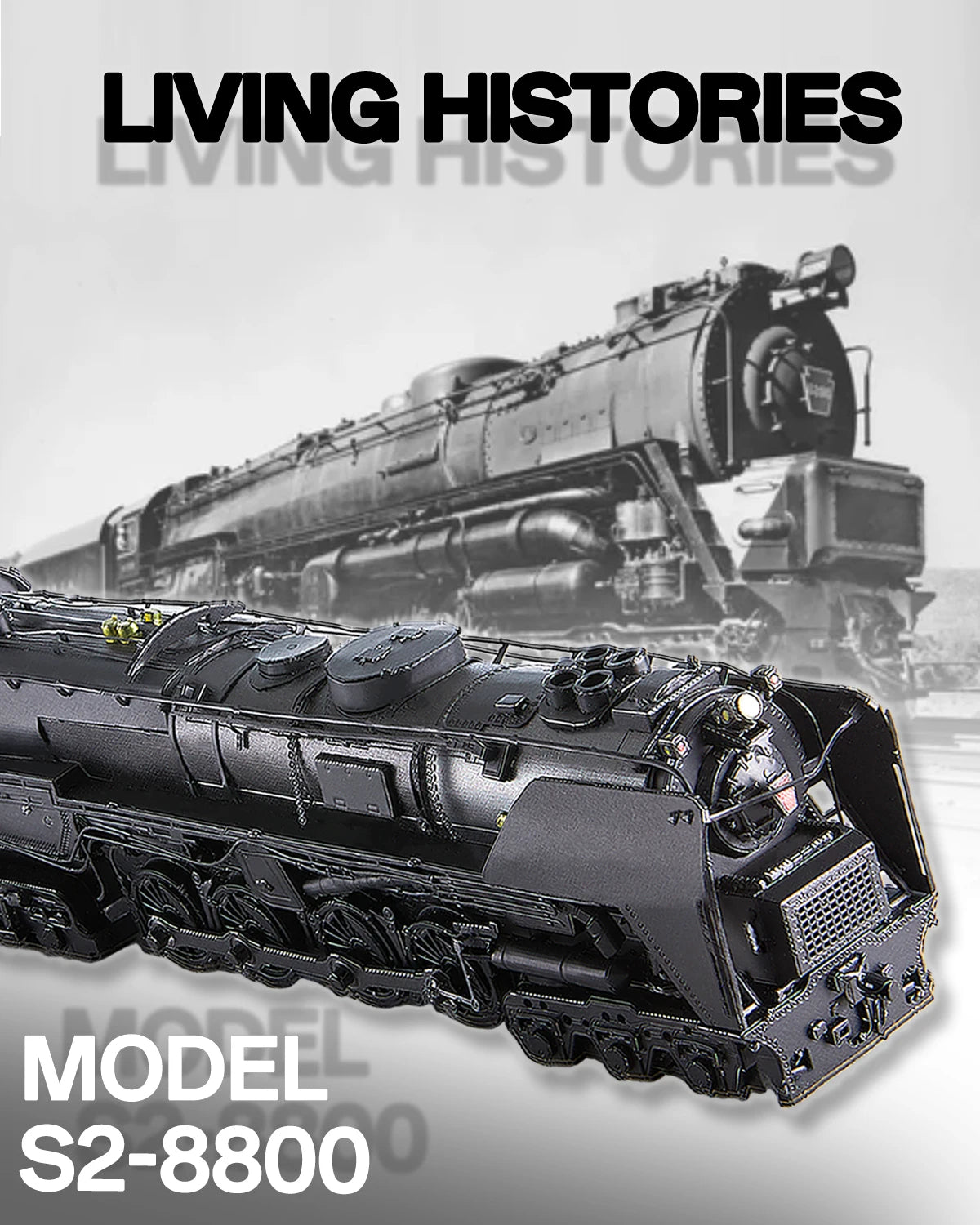 Model train set with 'Living Histories' branding on a gray background