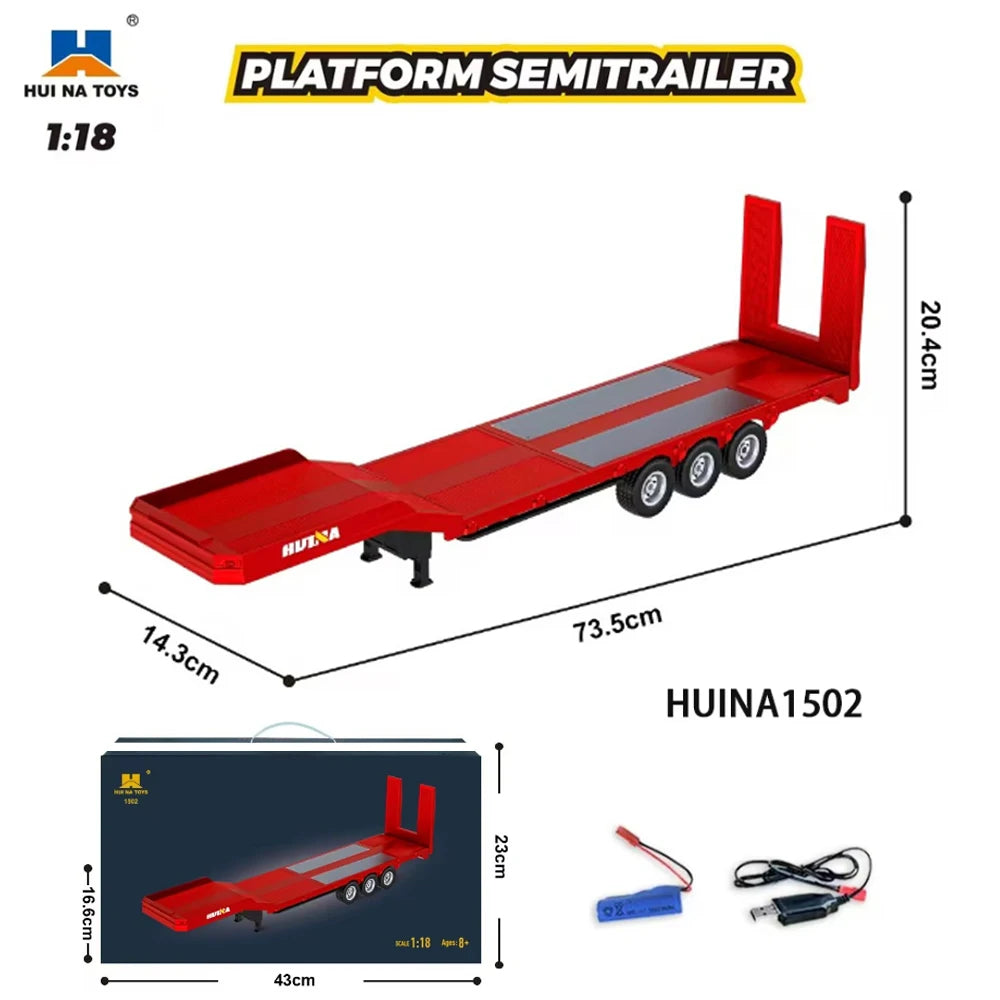 Red platform semitrailer toy with dimensions and HUINA Toys branding on a white background.
