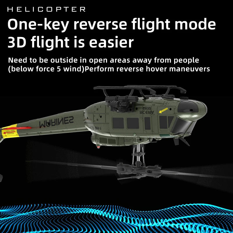 Helicopter with text about one-key reverse flight mode on a black background