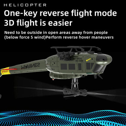 Helicopter with text about one-key reverse flight mode on a black background