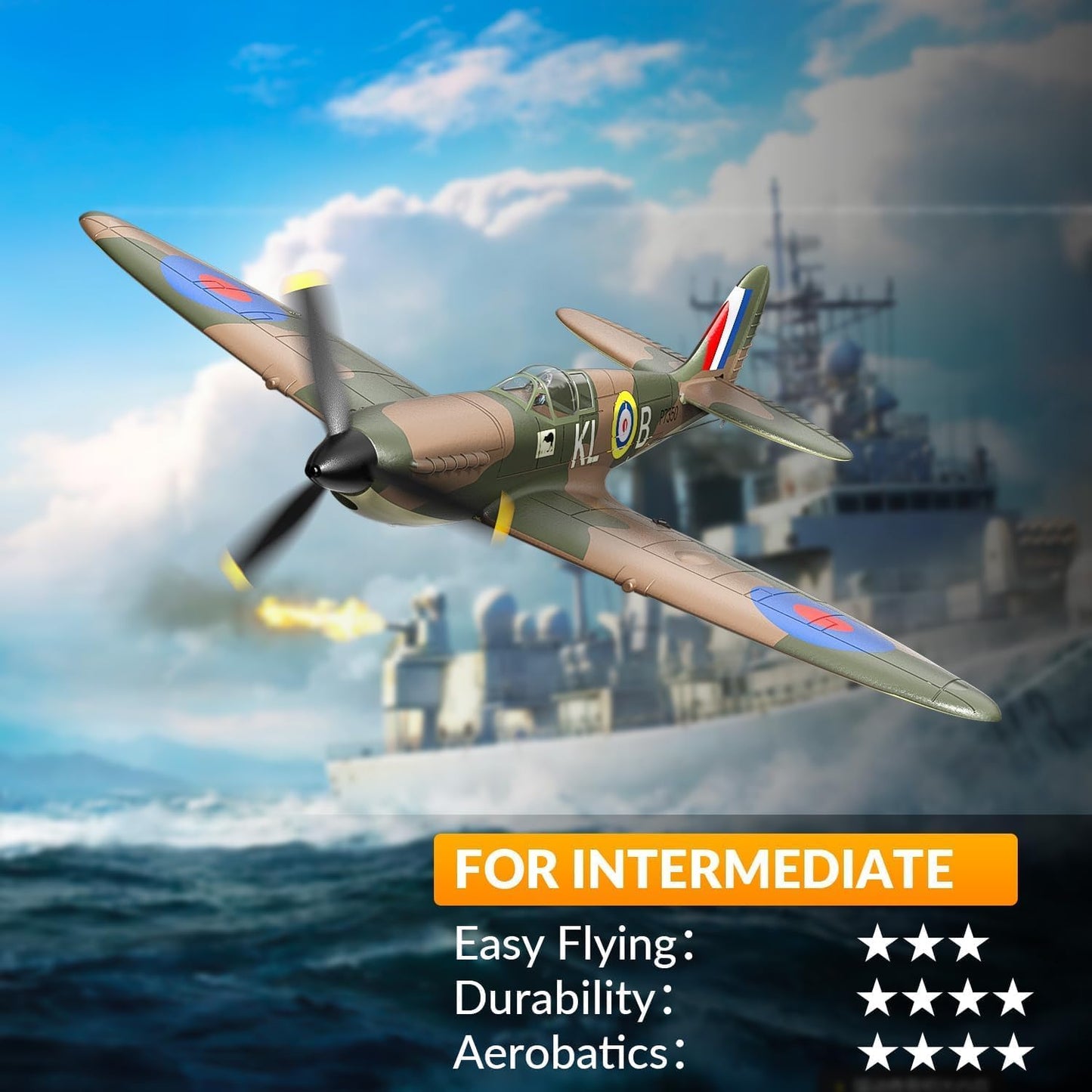 VolantexRC Spitfire RC Plane V1 2.4GHz 4CH RTF XPILOT Stabilisation Model airplane flying over a ship with text indicating it's suitable for intermediate flyers.