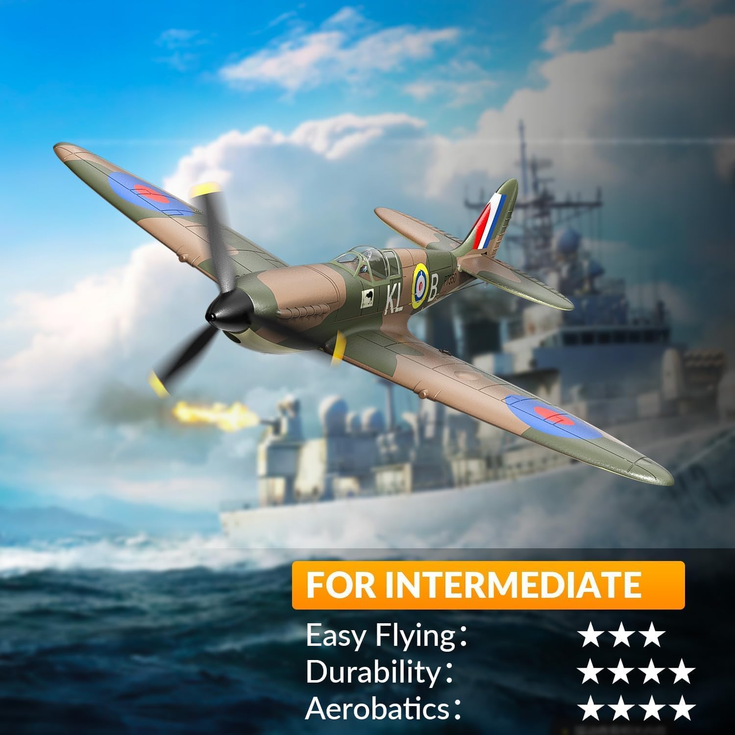 VolantexRC Spitfire RC Plane V1 2.4GHz 4CH RTF XPILOT Stabilisation Model airplane flying over a ship with text indicating it's suitable for intermediate flyers.