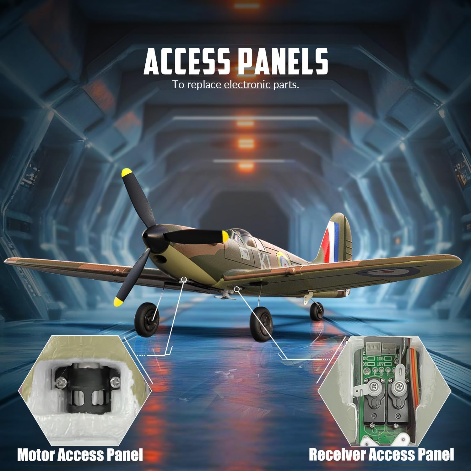 VolantexRC Spitfire RC Plane V1 2.4GHz 4CH RTF XPILOT Stabilisation Model airplane with labeled access panels on a futuristic background