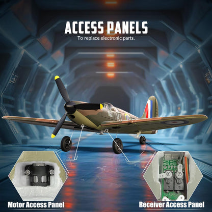 VolantexRC Spitfire RC Plane V1 2.4GHz 4CH RTF XPILOT Stabilisation Model airplane with labeled access panels on a futuristic background