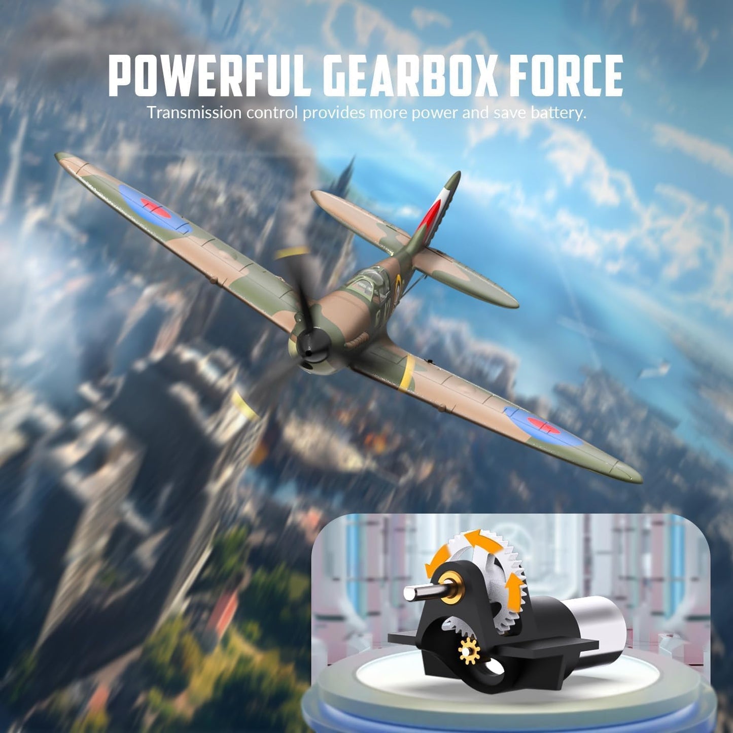 VolantexRC Spitfire RC Plane V1 2.4GHz 4CH RTF XPILOT Stabilisation Model airplane with a detailed gearbox on a cityscape background, emphasizing power and control.