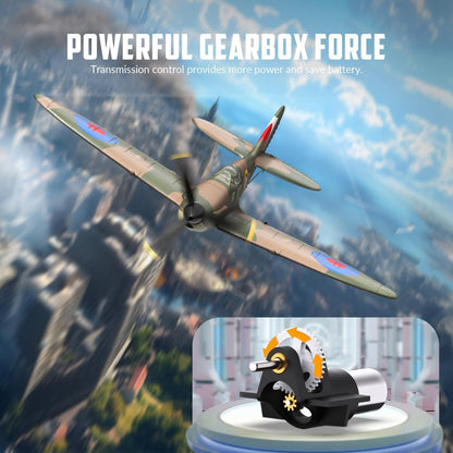 VolantexRC Spitfire RC Plane V1 2.4GHz 4CH RTF XPILOT Stabilisation Model airplane with a detailed gearbox on a cityscape background, emphasizing power and control.