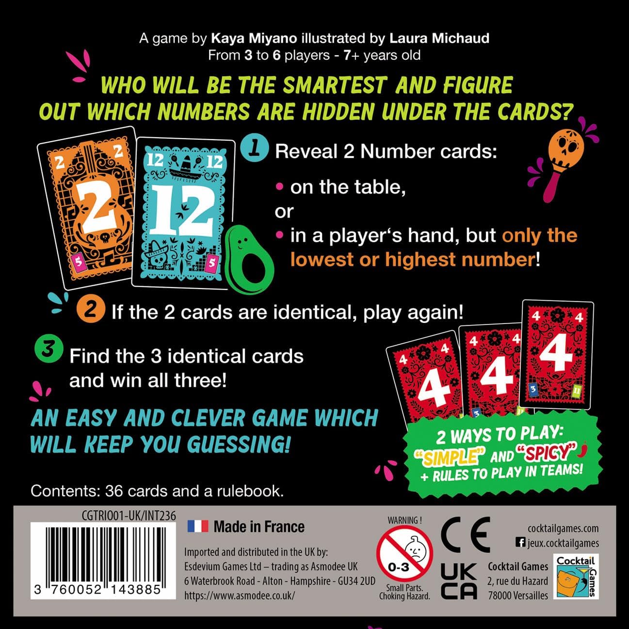 Back of a card game packaging with text and illustrations on a black background