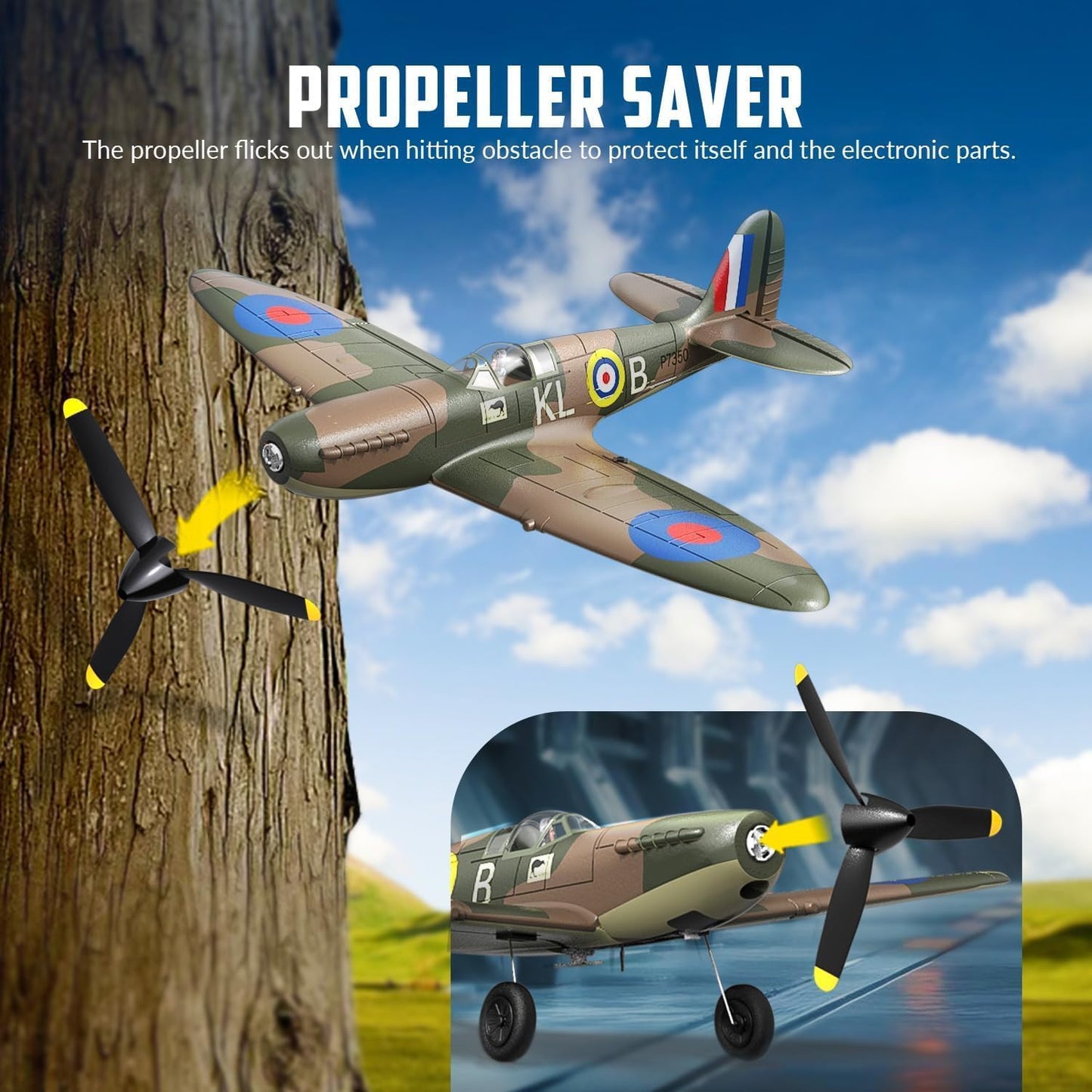 VolantexRC Spitfire RC Plane V1 2.4GHz 4CH RTF XPILOT Stabilisation Toy airplane with propeller saver feature against a scenic background