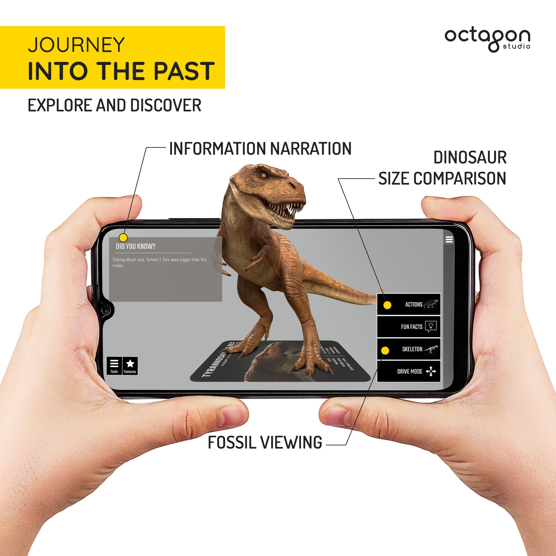 Dinosaur 4D+ Augmented Reality Cards Phone displaying AR app with dinosaur, held by hands, on white background with 'Octagon Studio' branding.
