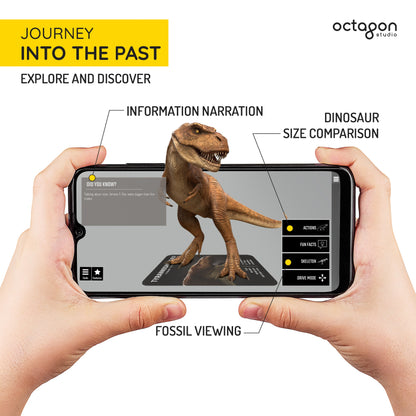 Dinosaur 4D+ Augmented Reality Cards Phone displaying AR app with dinosaur, held by hands, on white background with 'Octagon Studio' branding.