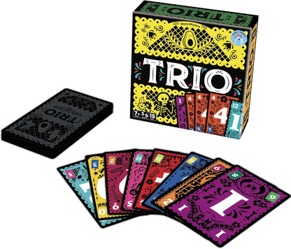 TRIO card game packaging with cards displayed on a white background