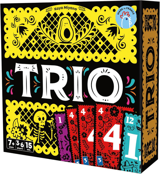 Board game box titled 'TRIO' with colorful designs and text on a black background