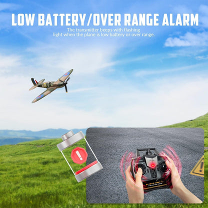VolantexRC Spitfire RC Plane V1 2.4GHz 4CH RTF XPILOT Stabilisation Remote control airplane and transmitter with warning icons on a grassy field and blue sky background.
