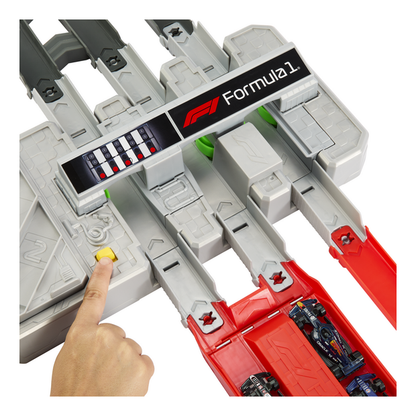 Hot Wheels Racing Grand Prix Racing Circuit Track Set  Toy Formula 1 car set with a hand pressing a button on a white background