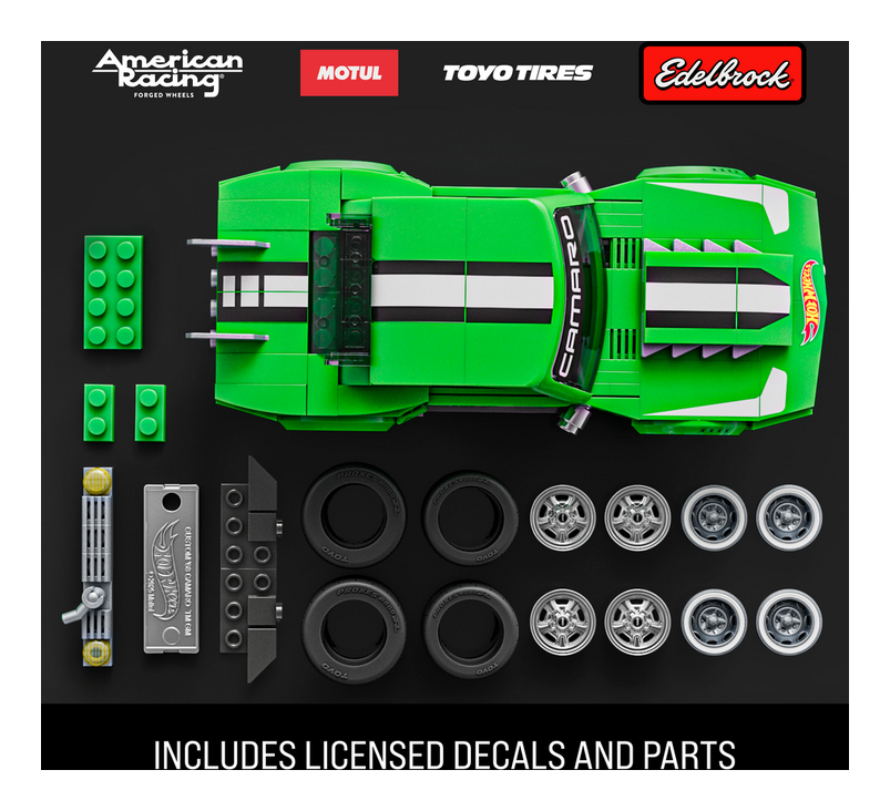 1:32 Scale Hot Wheels Speed Custom 68 Camero Exclusive Custom Decals Green toy car set with various parts and branded elements on a black background