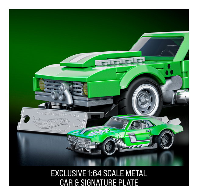 1:32 Scale Hot Wheels Speed Custom 68 Camero Exclusive Custom Decals Green toy car with a signature plate on a green background