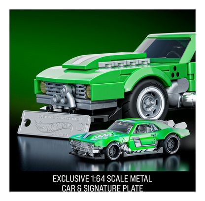 1:32 Scale Hot Wheels Speed Custom 68 Camero Exclusive Custom Decals Green toy car with a signature plate on a green background