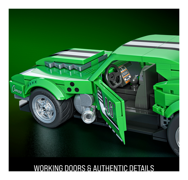 1:32 Scale Hot Wheels Speed Custom 68 Camero Exclusive Custom Decals Green toy car model with open door on a dark green background