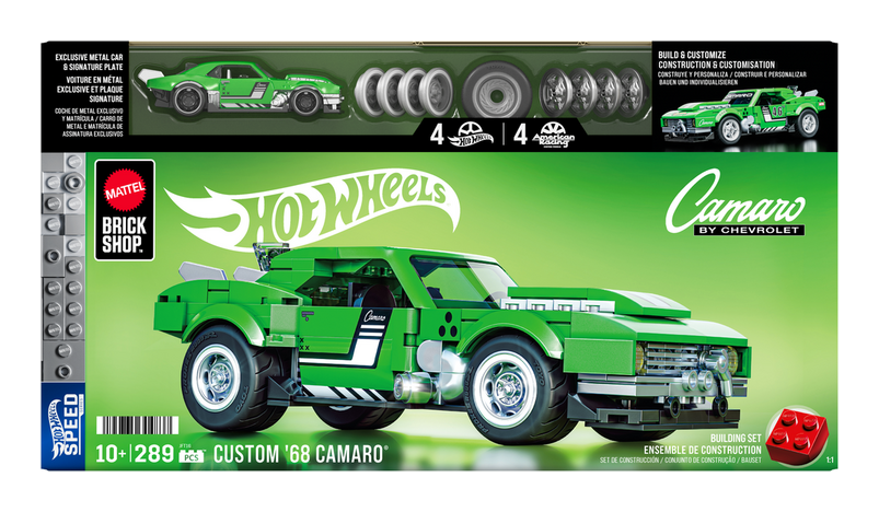Hot Wheels Custom '68 Camaro toy car set packaging with green car and branding.