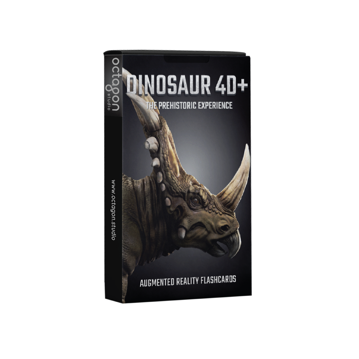Dinosaur 4D+ augmented reality flashcards packaging with triceratops illustration on a white background