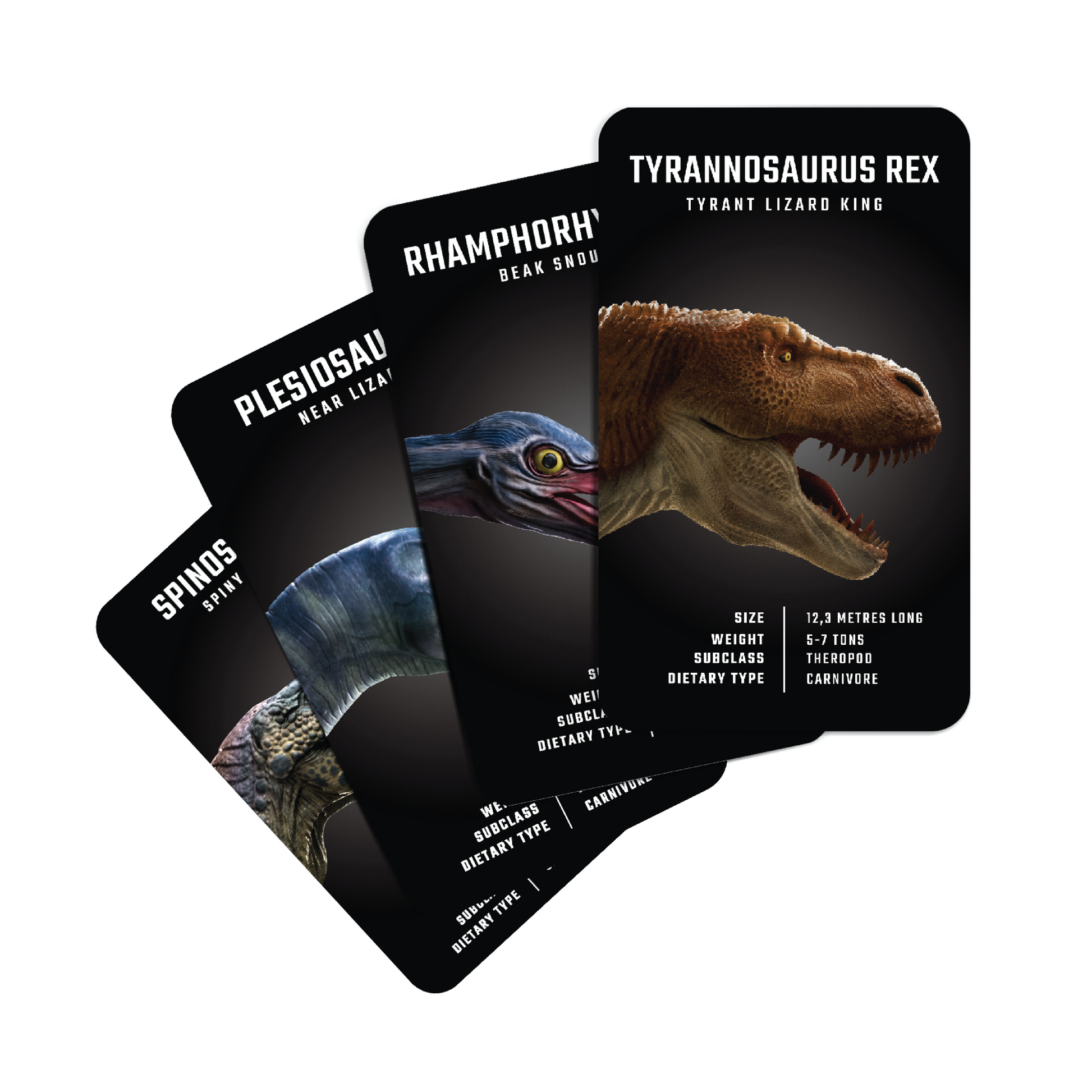 Dinosaur 4D+ Augmented Reality Cards Set of dinosaur-themed playing cards with images and names on a white background