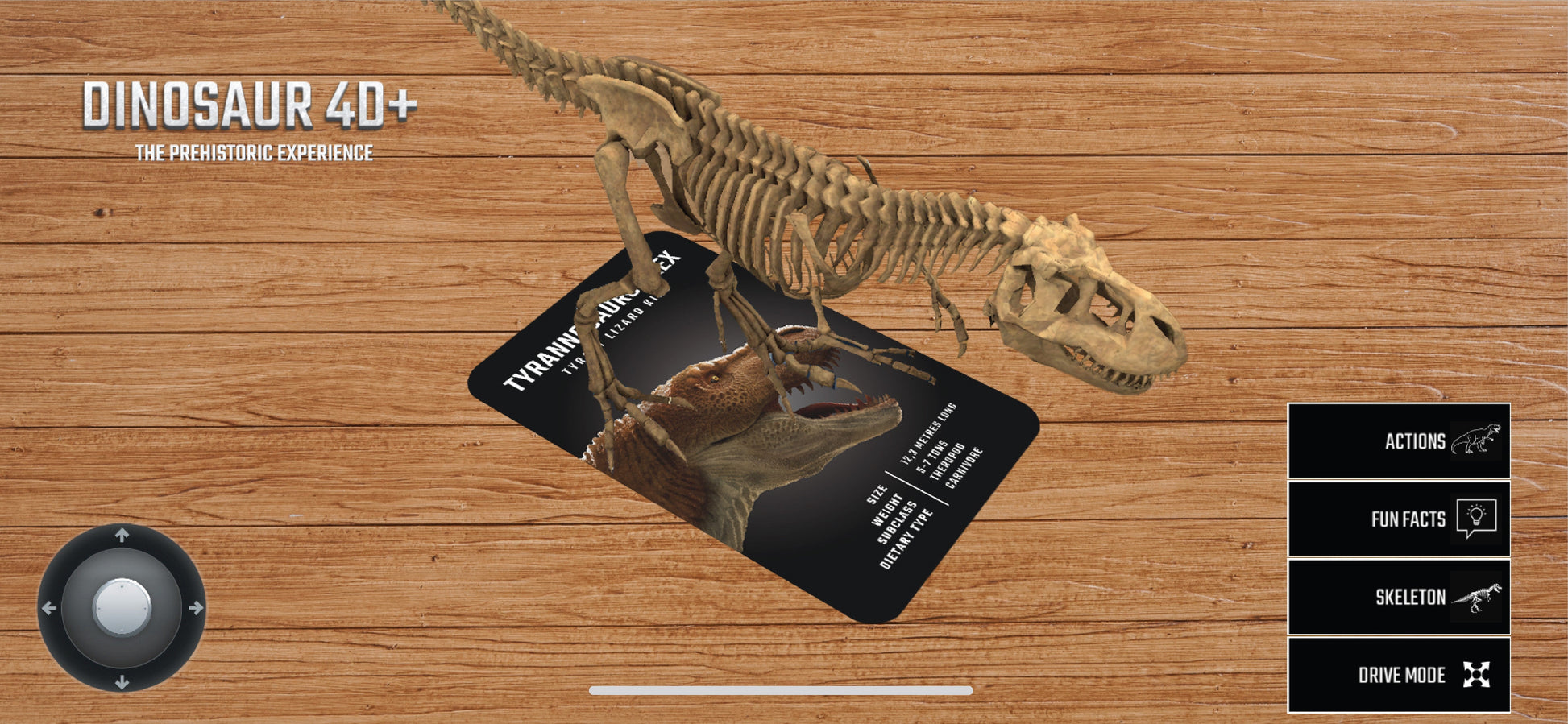 Dinosaur 4D+ Augmented Reality Cards Dinosaur skeleton model on a stand with 'Dinosaur 4D+' branding on a wooden surface.