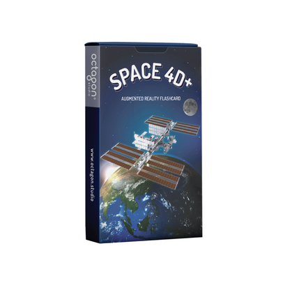 Space 4D+ augmented reality flashcard packaging with Earth and space station illustration.