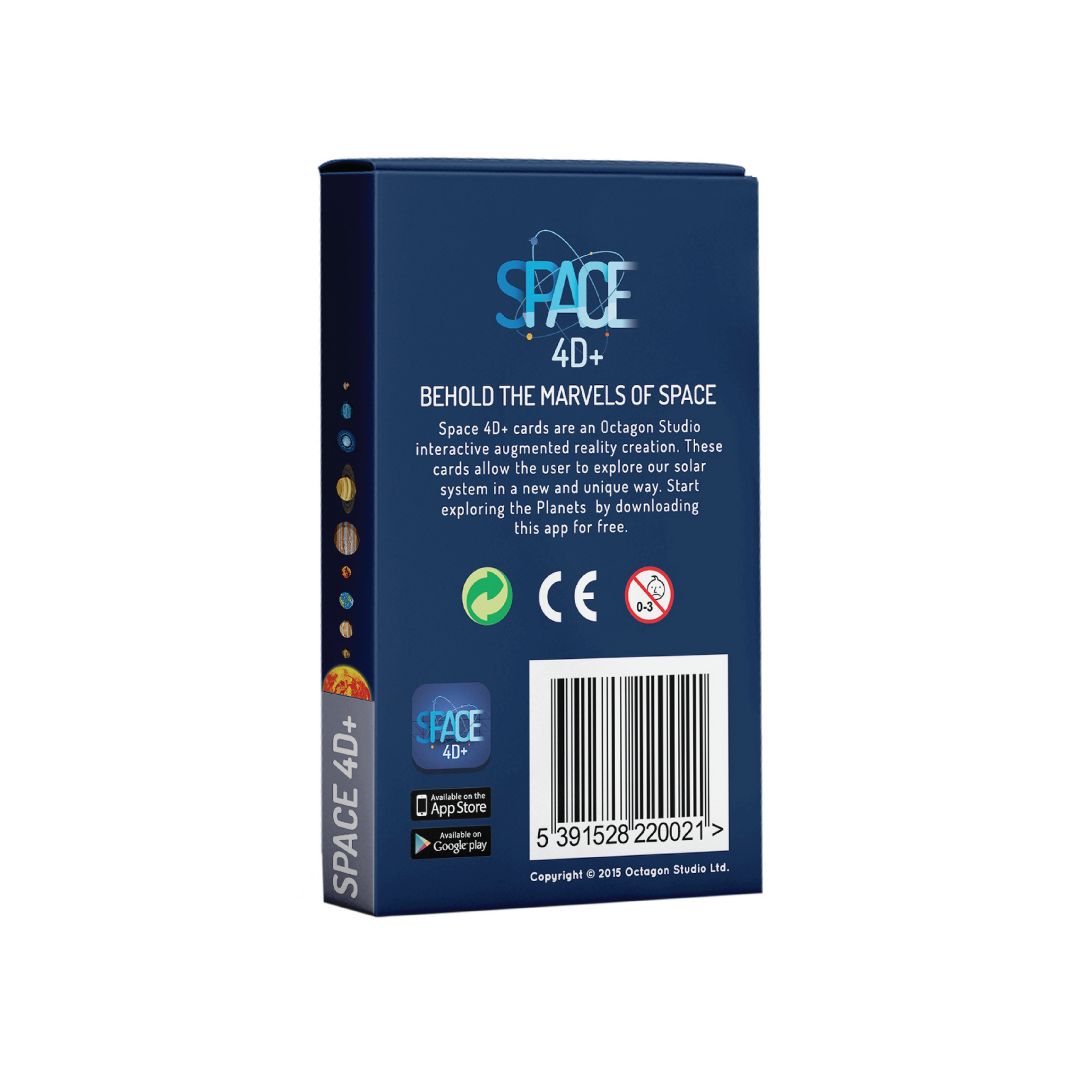 Space 4D+ Augmented Reality Cards Back of a blue packaging box for Space 4D+ with branding and product details.