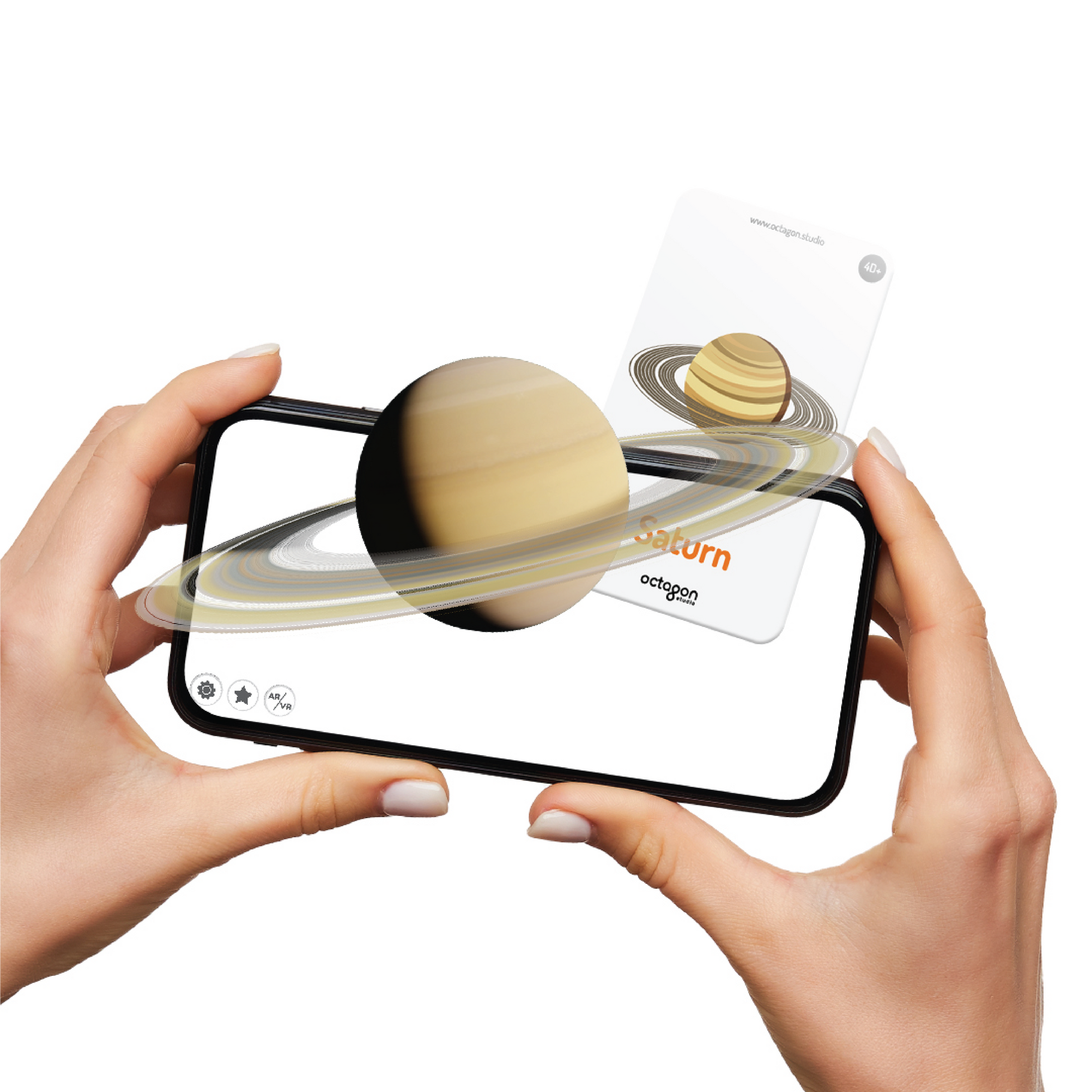 Space 4D+ Augmented Reality Cards Phone case with Saturn design held by hands on a white background