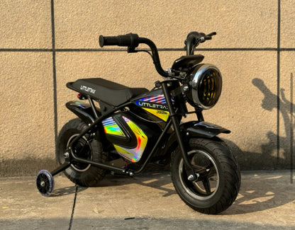 Littletrax 350W Kids Electric Bike Small electric bike with a colorful design on a tiled floor