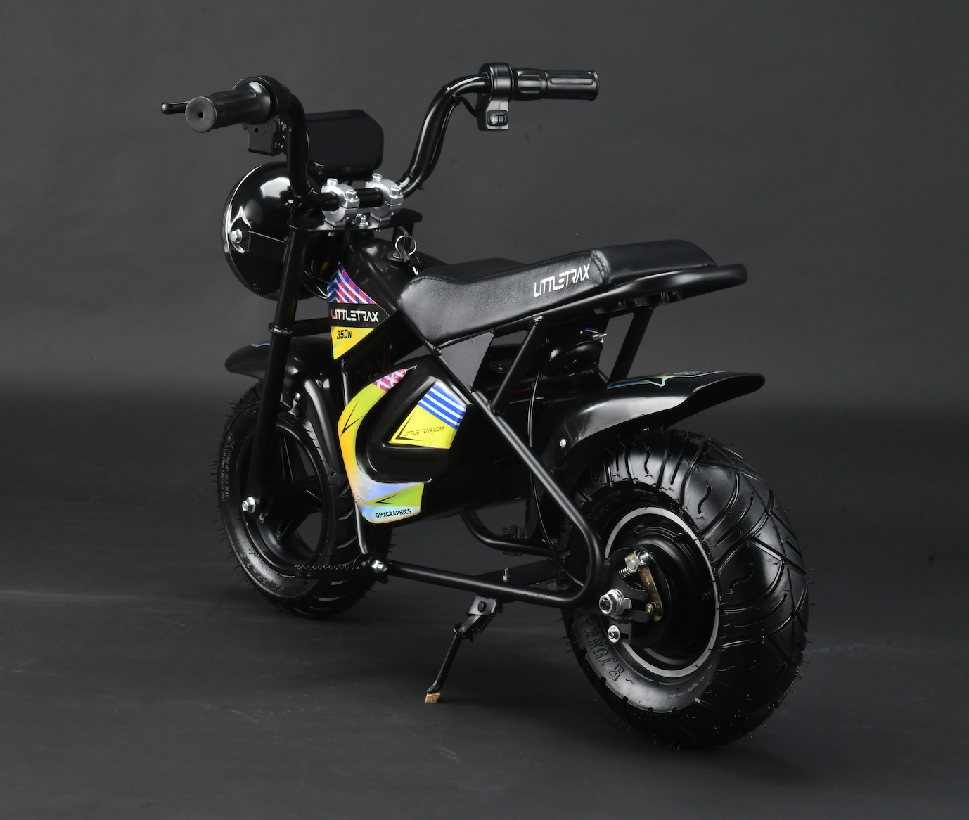 Littletrax 350W Kids Electric Bike Black children's electric bike with colorful design on a dark background