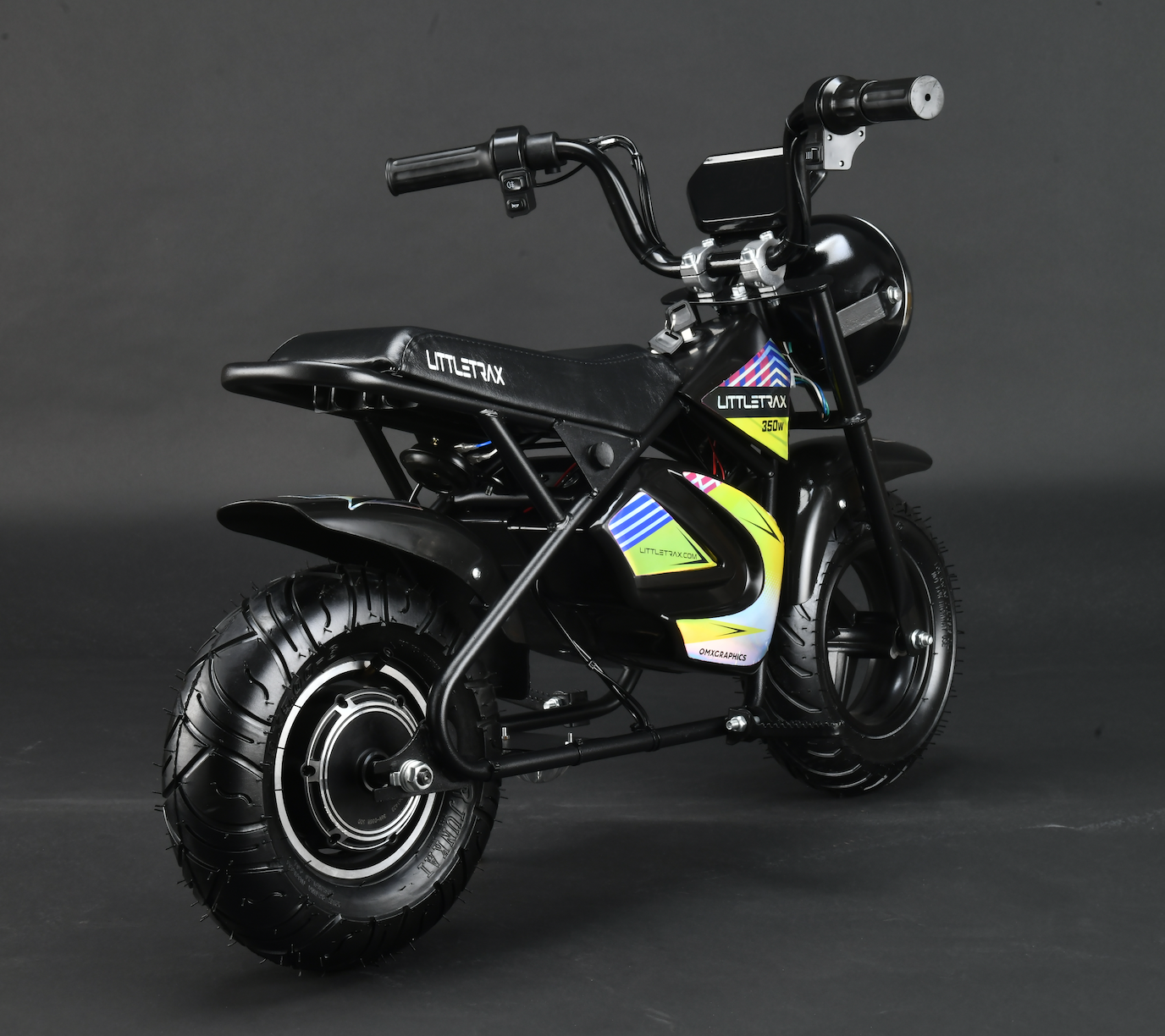 Littletrax 350W Kids Electric BikeBlack children's electric bike with visible branding on a dark background
