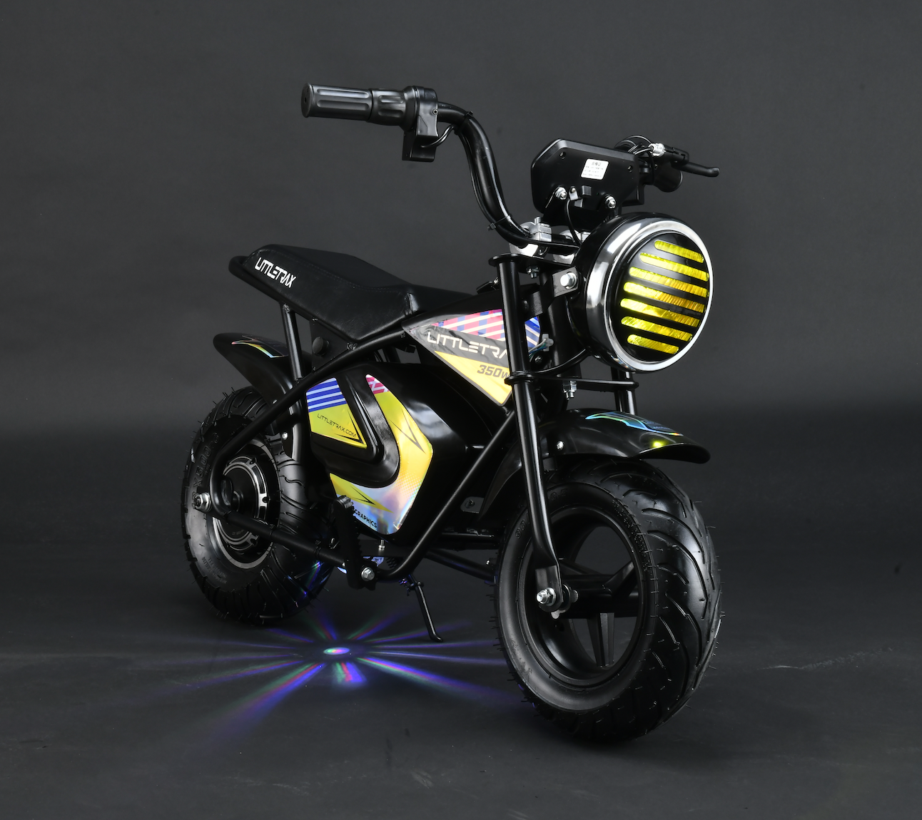 Littletrax 350W Kids Electric Bike Children's electric bike with a black and yellow design on a dark background