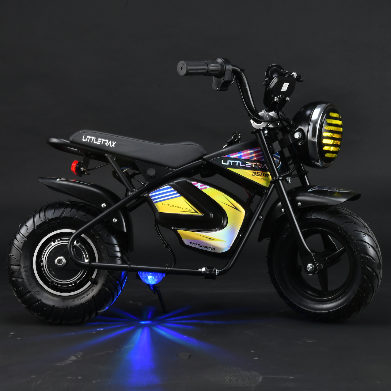 Littletrax 350W Kids Electric Bike Black children's electric bike with colorful design on a dark background