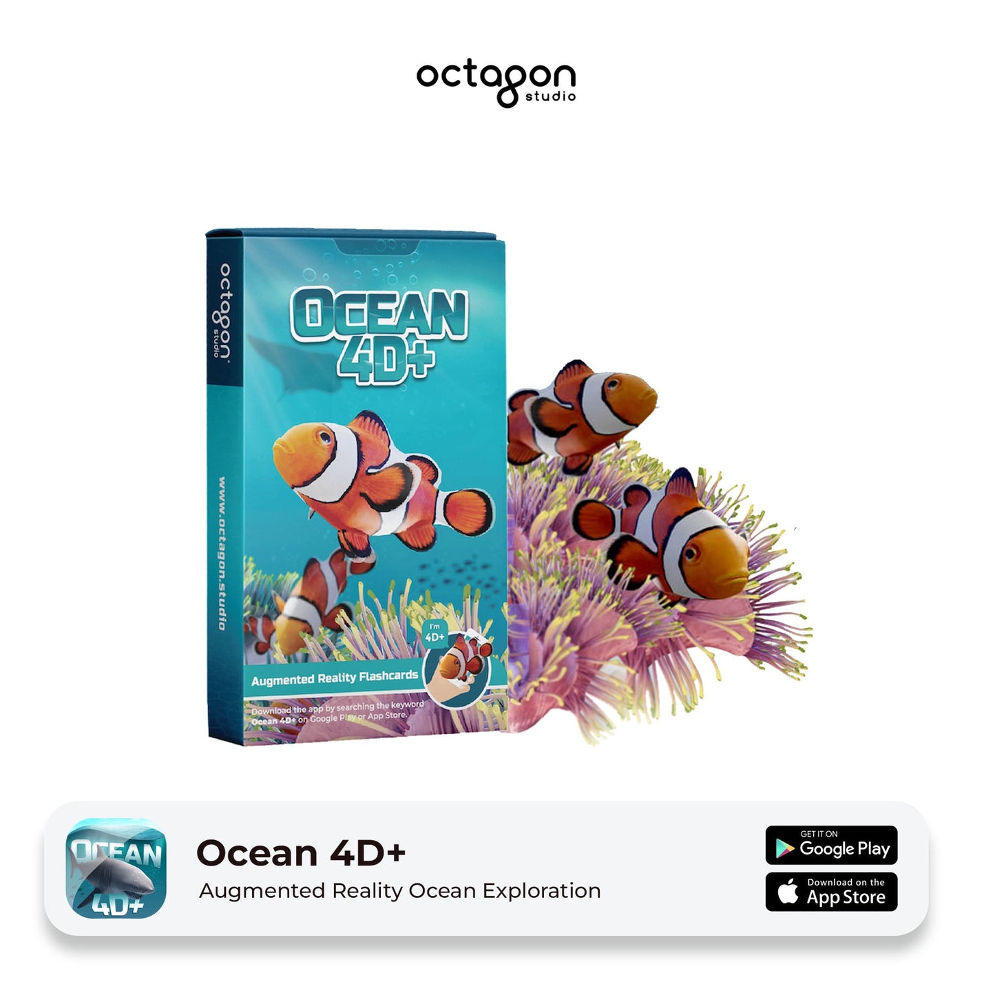 OCEAN 4D+ augmented reality flashcards packaging with clownfish and sea anemone on a white background.