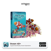 OCEAN 4D+ augmented reality flashcards packaging with clownfish and sea anemone on a white background.