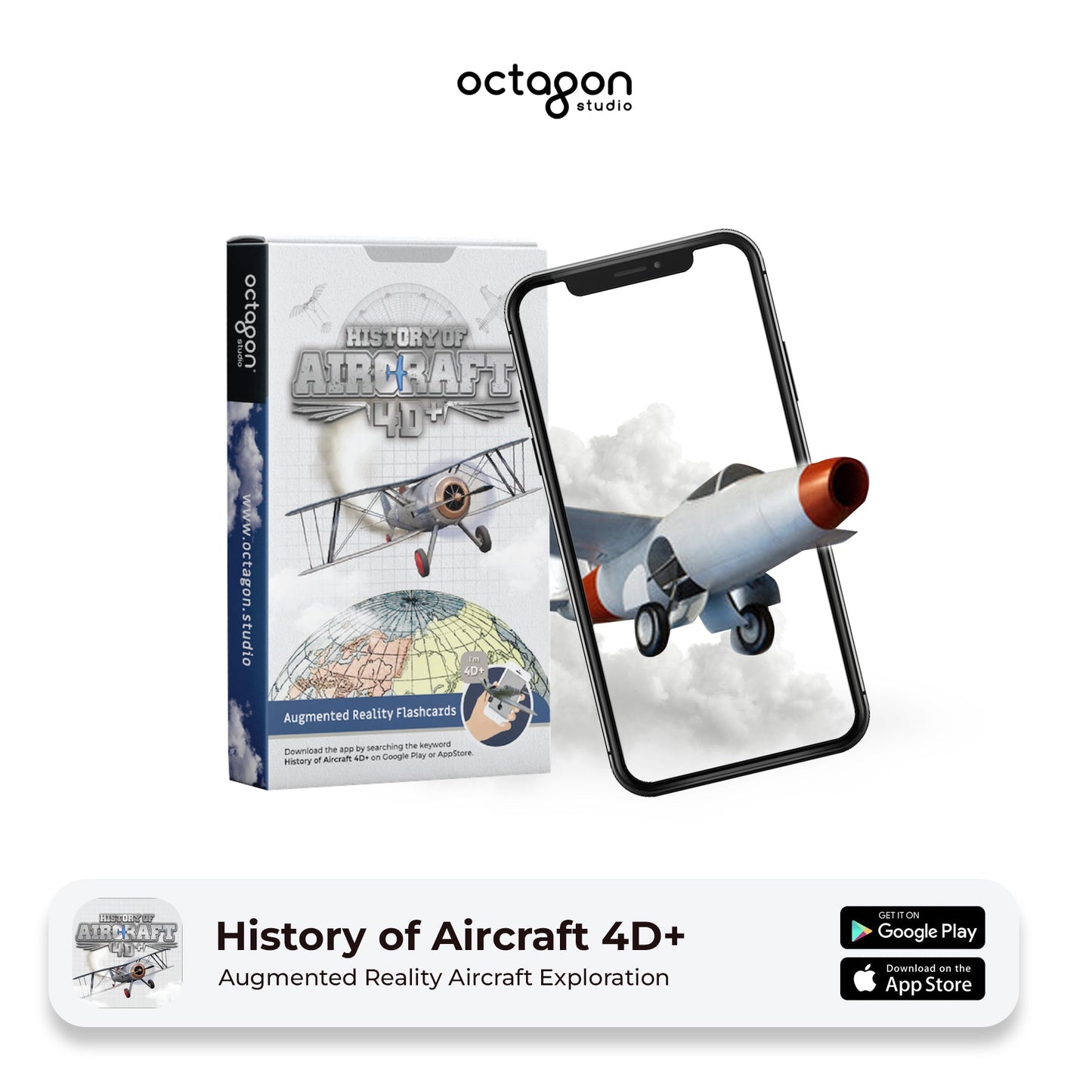 Aircraft 4D+ Augmented Reality Cards History of Aircraft 4D+ augmented reality app packaging with smartphone displaying aircraft image.