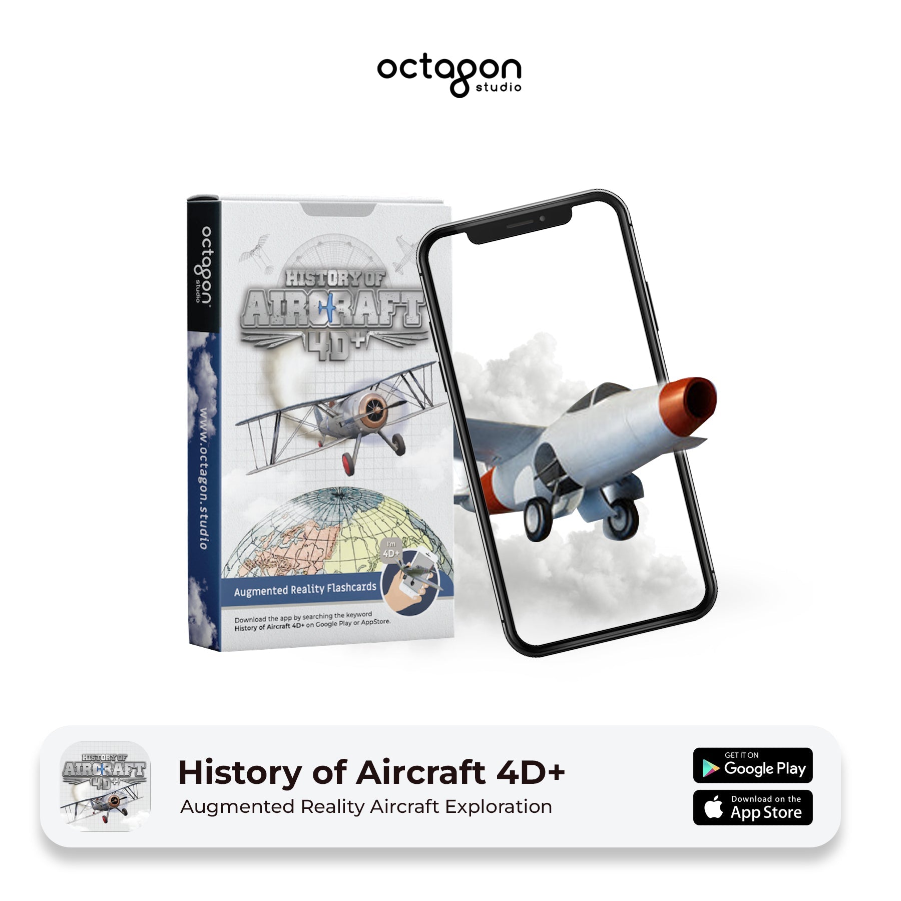 Aircraft 4D+ Augmented Reality Cards History of Aircraft 4D+ augmented reality app packaging with smartphone displaying aircraft image.