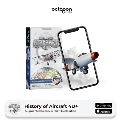 Aircraft 4D+ Augmented Reality Cards History of Aircraft 4D+ augmented reality app packaging with smartphone displaying aircraft image.