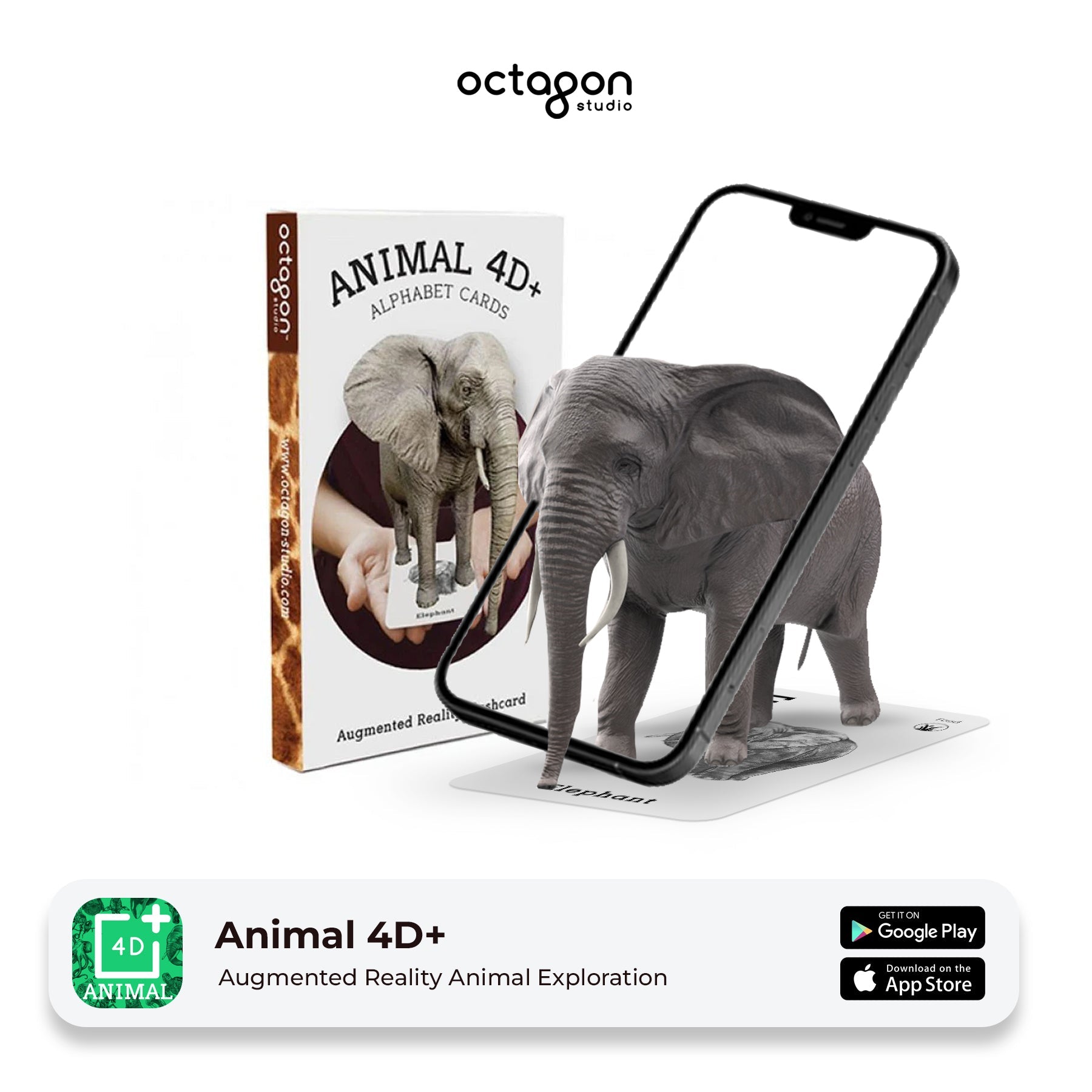 Animal 4D+ Augmented Reality Cards Augmented reality elephant app with smartphone and book on a white background