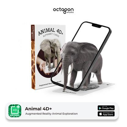 Animal 4D+ Augmented Reality Cards Augmented reality elephant app with smartphone and book on a white background