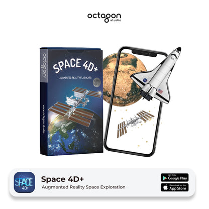 Space 4D+ augmented reality flashcard system with packaging and smartphone app interface.