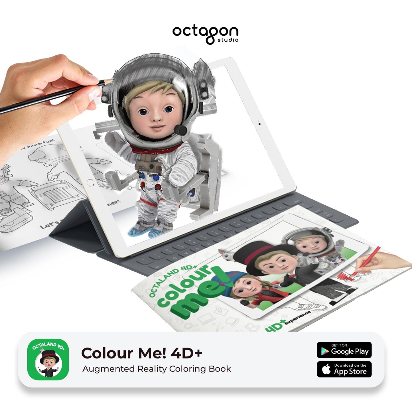 Augmented reality coloring book with 3D astronaut toy and tablet on a white background