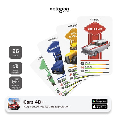 Cars 4D+ Augmented Reality Cards Set of augmented reality cards with vehicle illustrations and Octagon Studio branding.